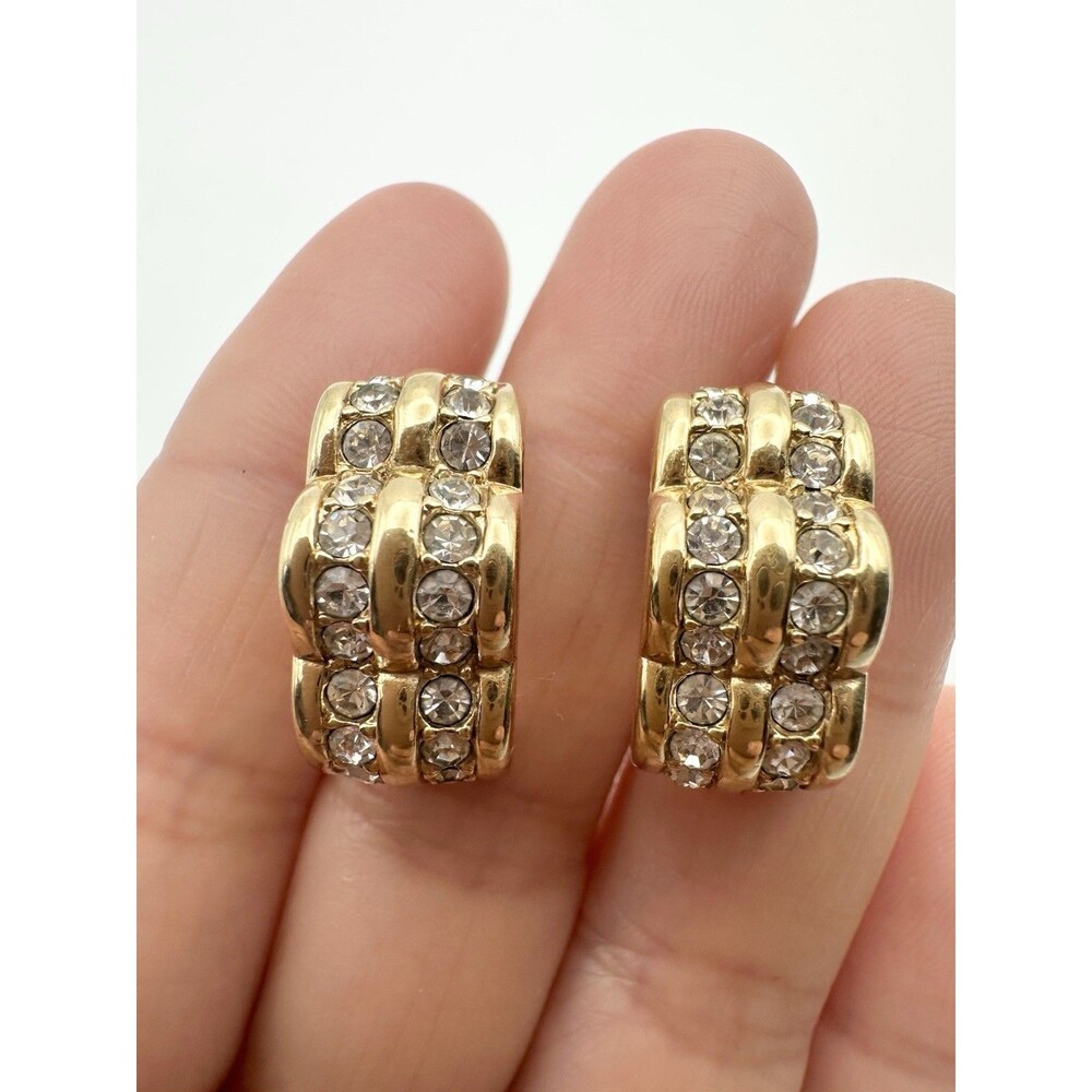 Vintage Swarovski Half Hoop Pierced Earrings Gold Tone